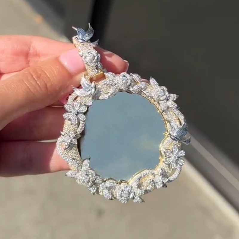 Moissanite Flower Vines Around Custom Photo Pendant