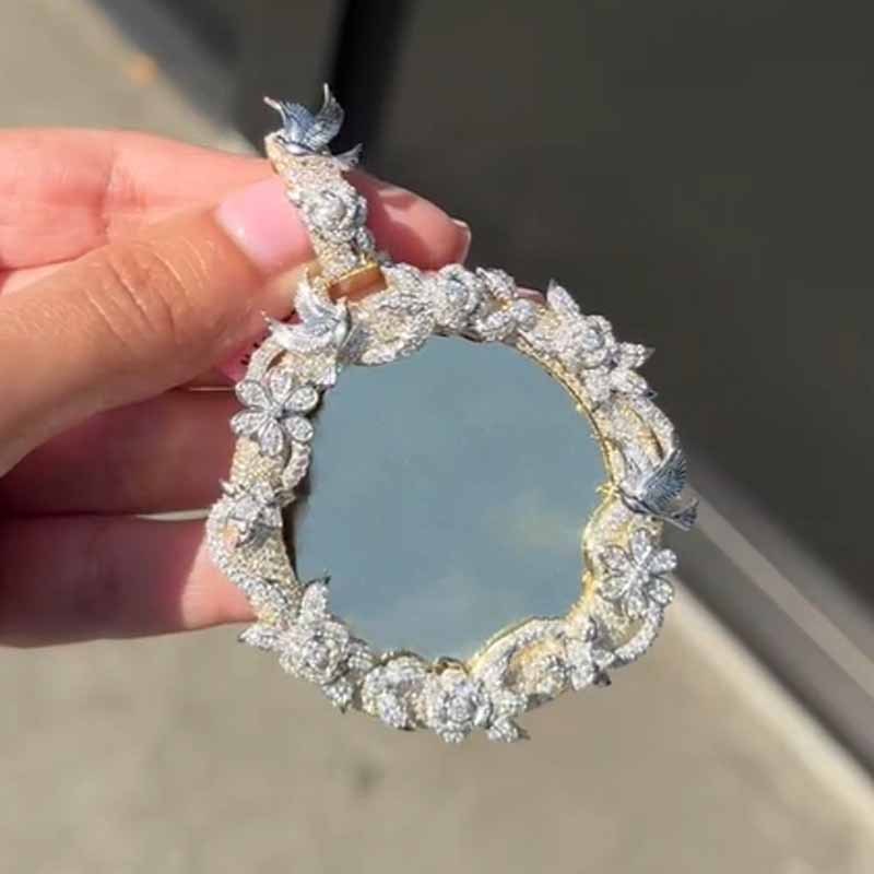 Moissanite Flower Vines Around Custom Photo Pendant