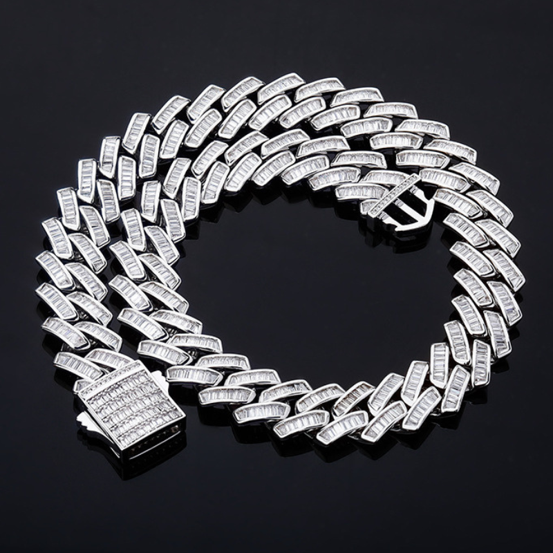 Moissanite Baguette Cuban Link Chain (18mm) in White Gold