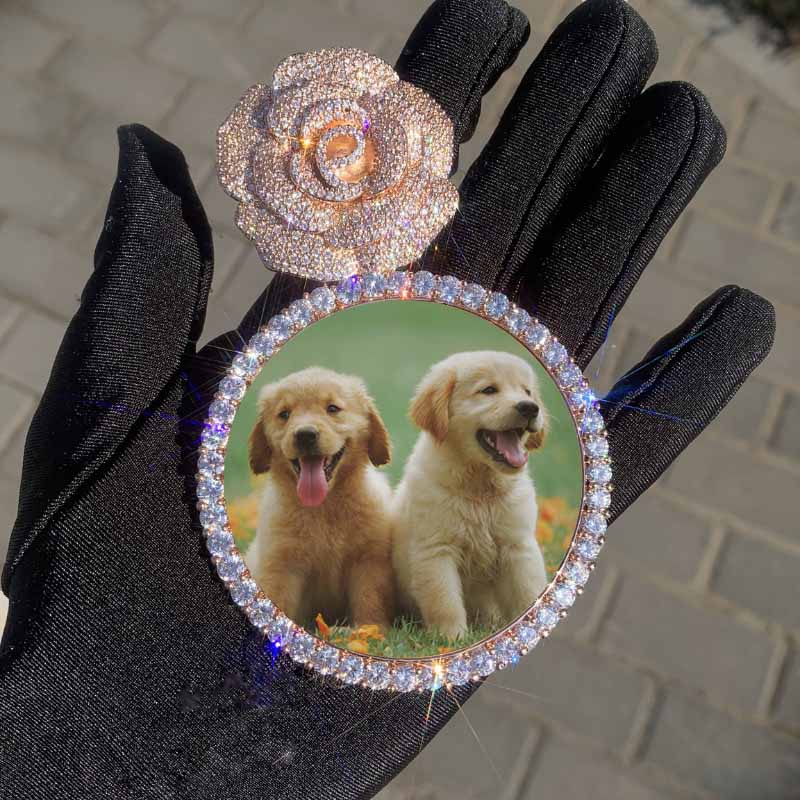 Moissanite Rose Flower Large Disc Customized Photo Pendant