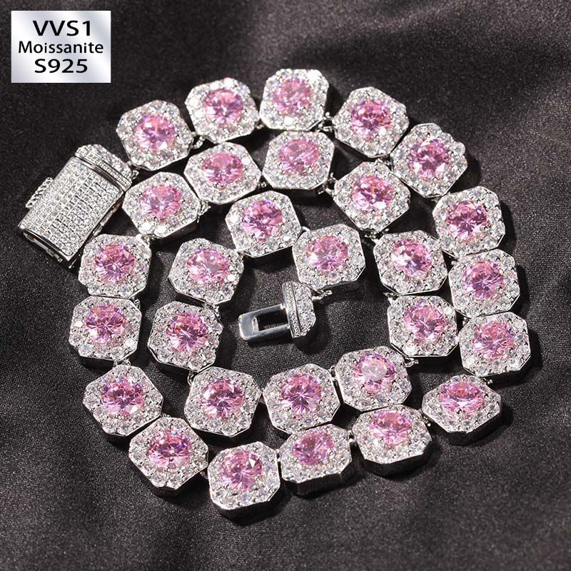12mm Pink Clustered Moissanite Tennis Chain in White Gold