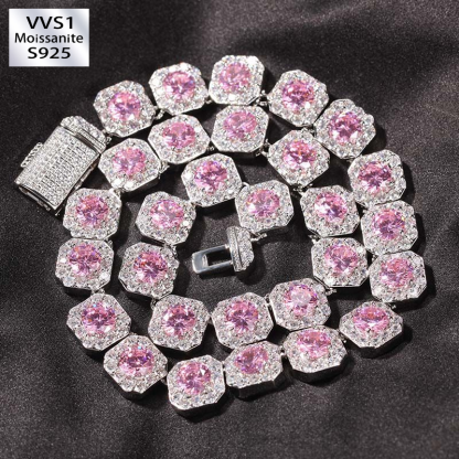 12mm Pink Clustered Moissanite Tennis Chain in White Gold