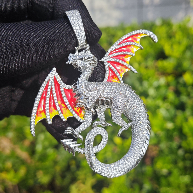 Moissanite Domineering Double Winged Dragon Pendant