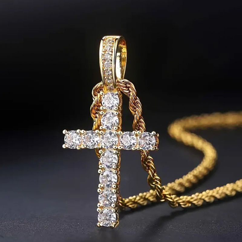 Iced Out Mens Cross Moissanite Pendant in White Gold