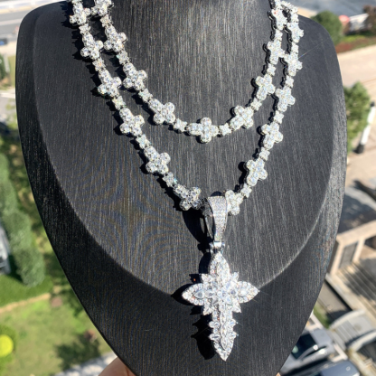 Moissanite Ice Lotus Flower Cross Pendant Chain Set