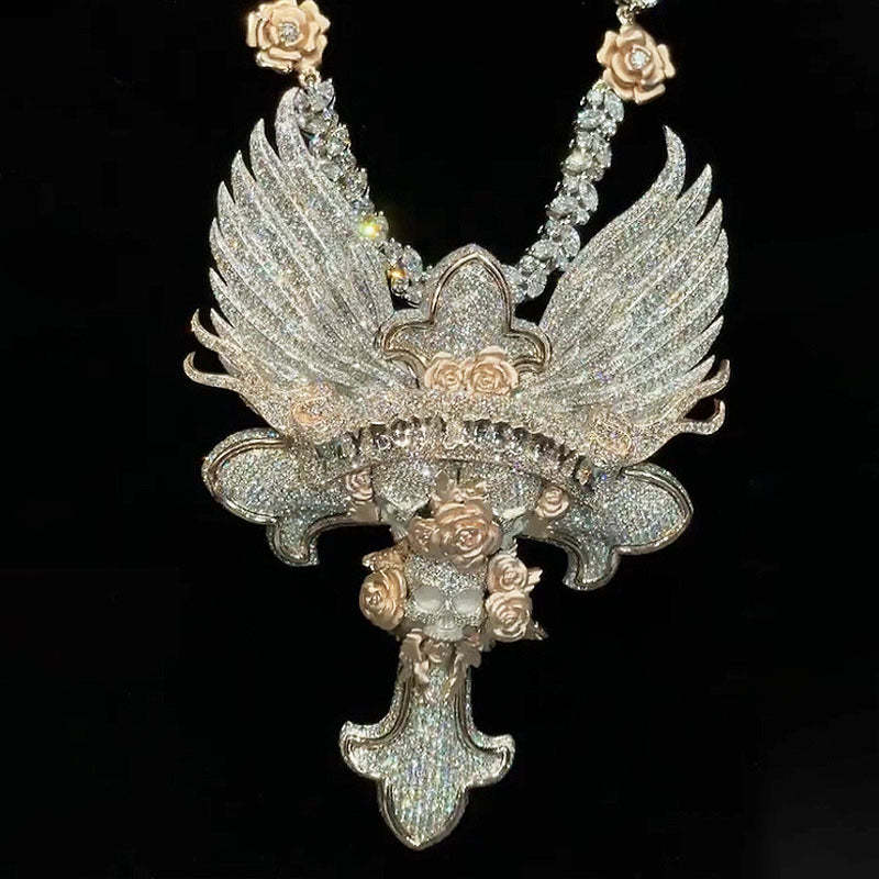 Moissanite "FlyBoy Lifestyle" Letter Wings Rose Cross Pendant