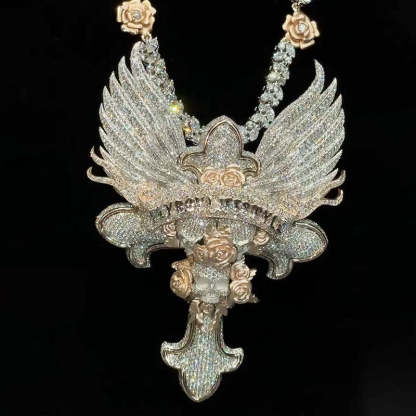 Moissanite "FlyBoy Lifestyle" Letter Wings Rose Cross Pendant