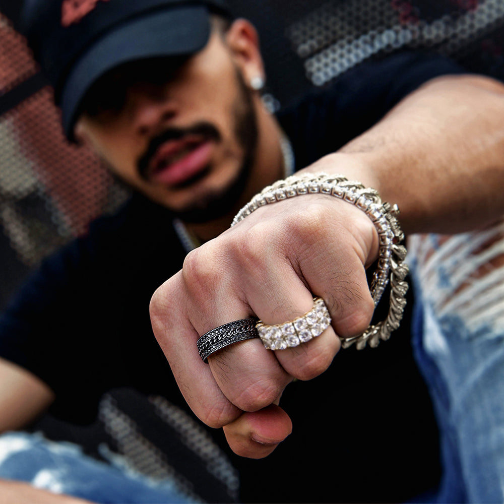 Iced Out Diamond CZ Cuban Link Rotating Mens Ring in Black Gold KRKC 