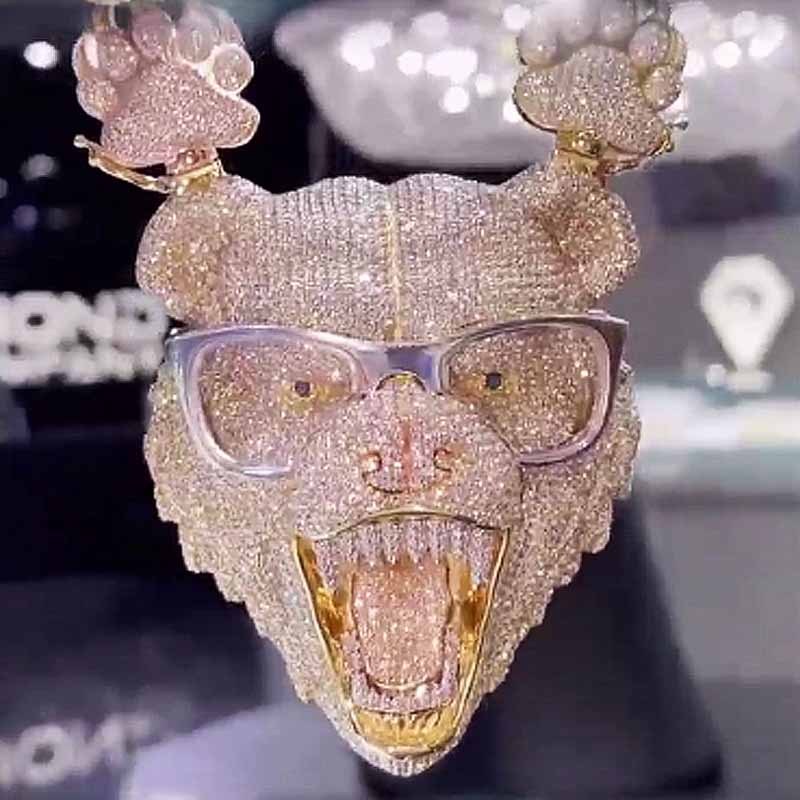 3-D Moissanite Diamond wearing Glasses Bear Pendant