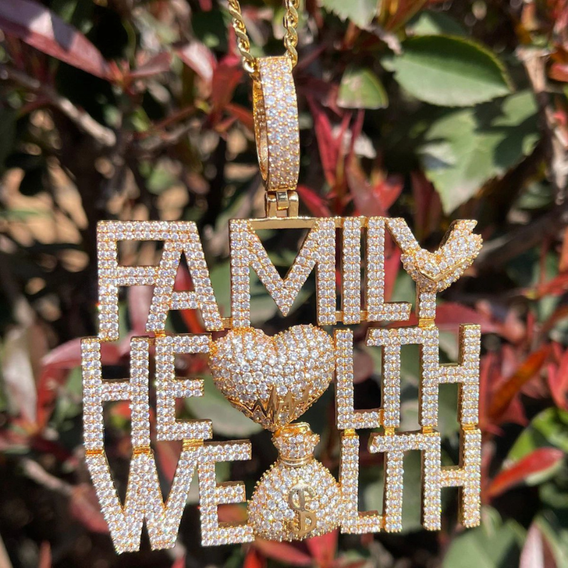Moissanite Hip Hop Family Health Wealth Letter Pendant