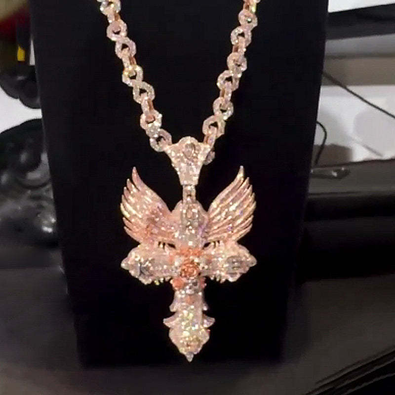 Moissanite Delicate Winged Cross Pendant Chain Set
