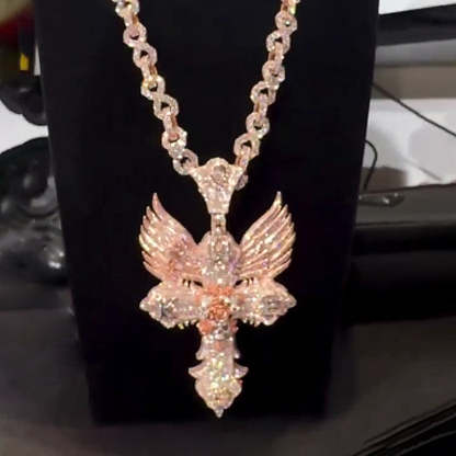 Moissanite Delicate Winged Cross Pendant Chain Set