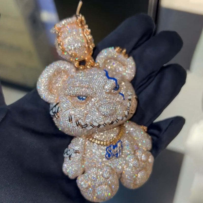 Moissanite Domineering Sheff Letters Cuban Chain Mr. Bear Pendant