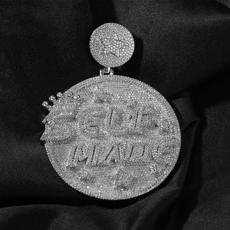 Moissanite Personality Hip Hop "SELF MANG" Letter Large Disc Pendant