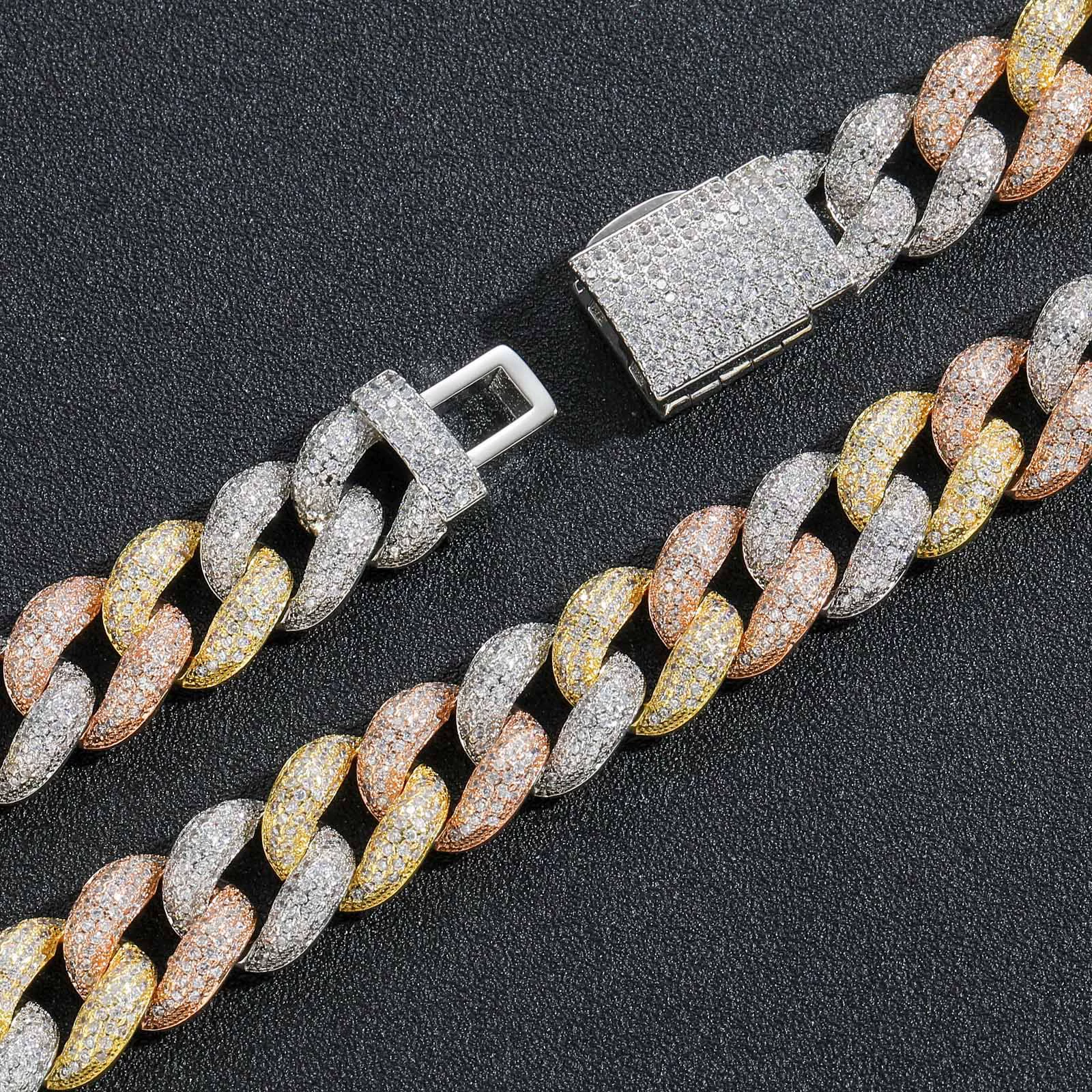 15mm S925 Moissanite Tri-Color Cuban Bracelet