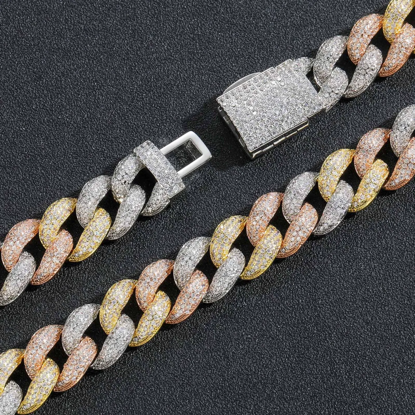 15mm S925 Moissanite Tri-Color Cuban Bracelet