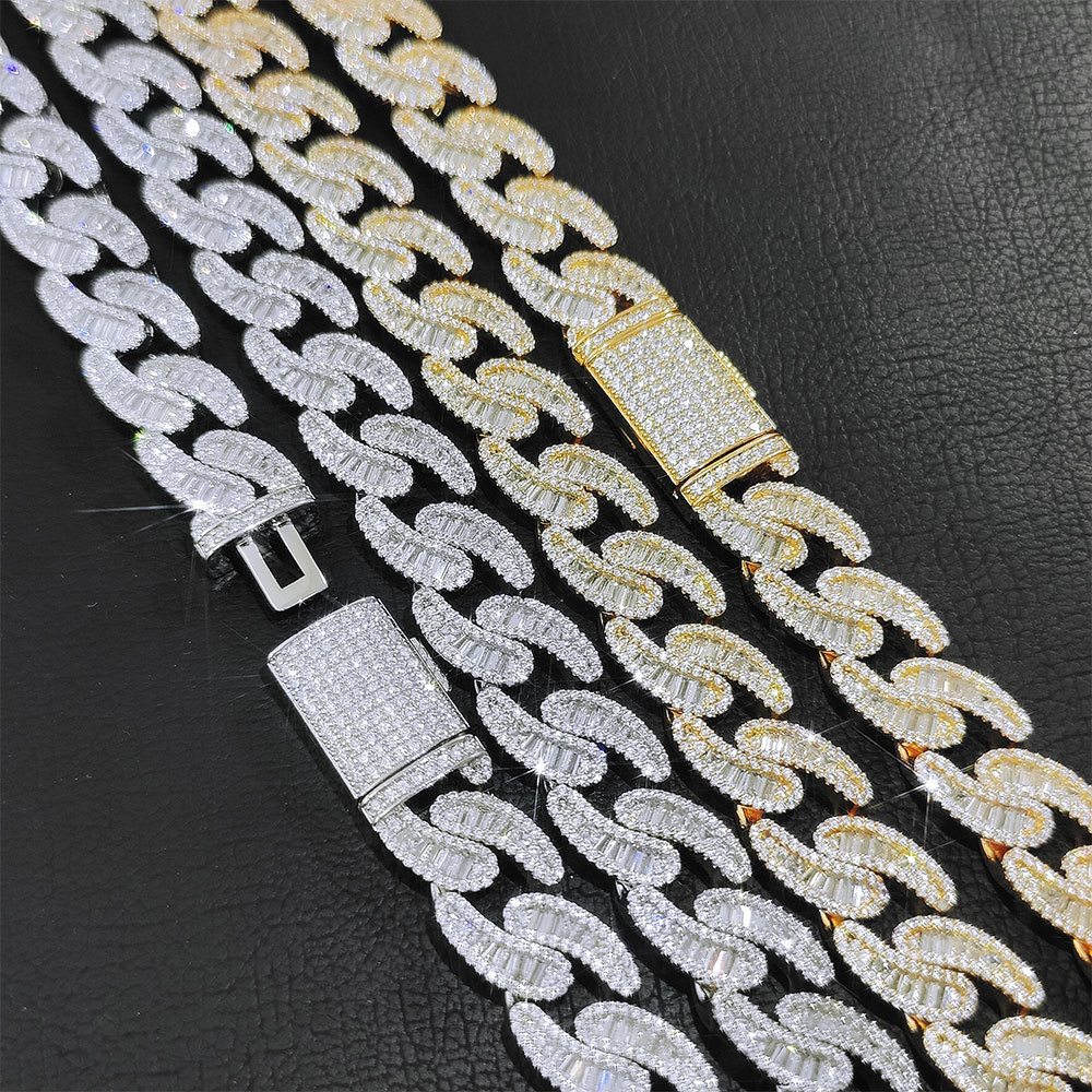 15mm S925 Silver Moissanite Baguette Cuban Chain