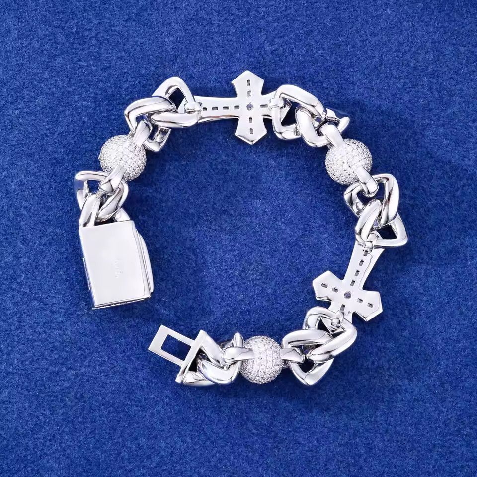Iced Out Moissanite Cross & Round Ball Bracelet