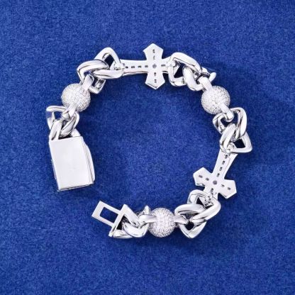 Iced Out Moissanite Cross & Round Ball Bracelet