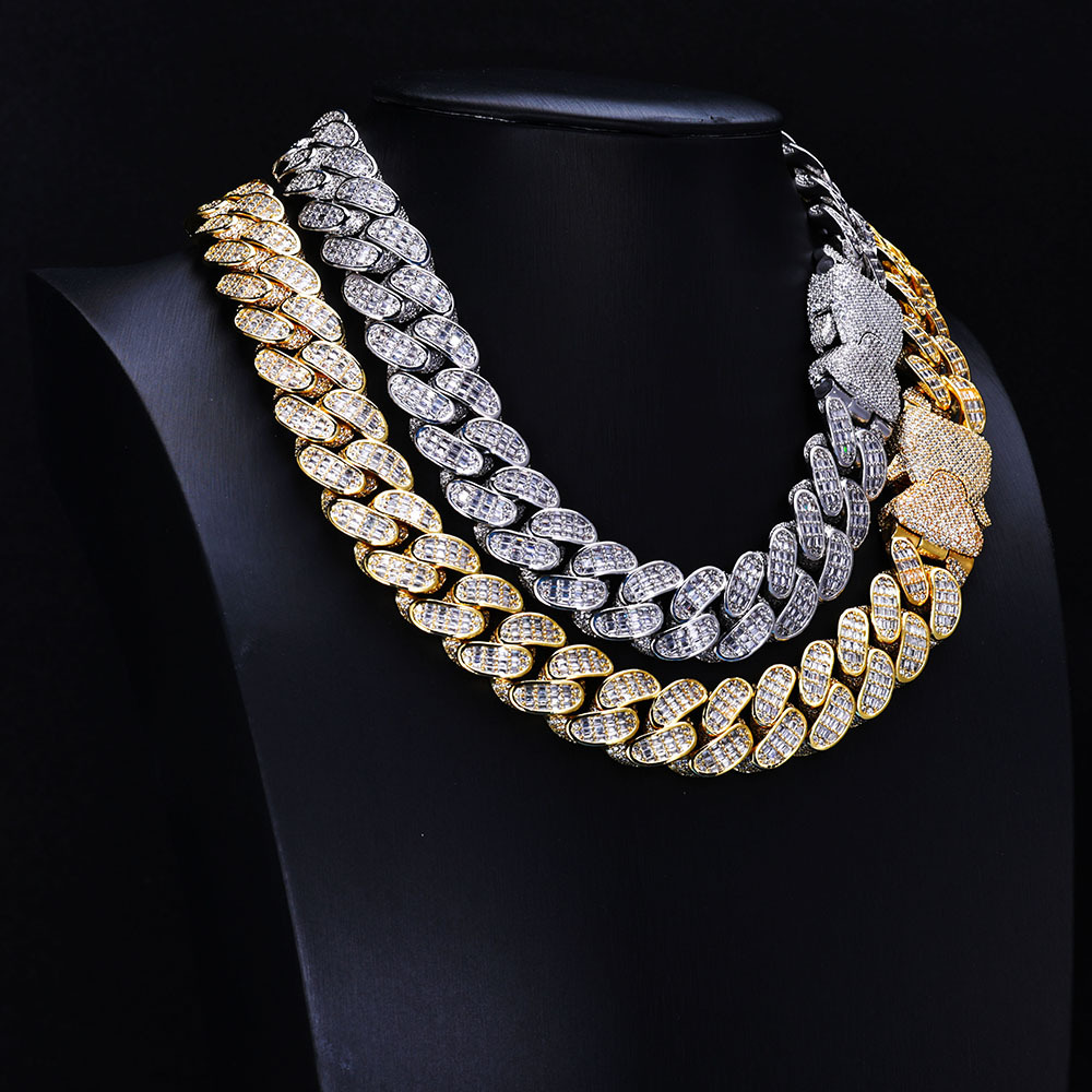 18mm S925 Moissanite Three-Row Baguette Cuban Chain