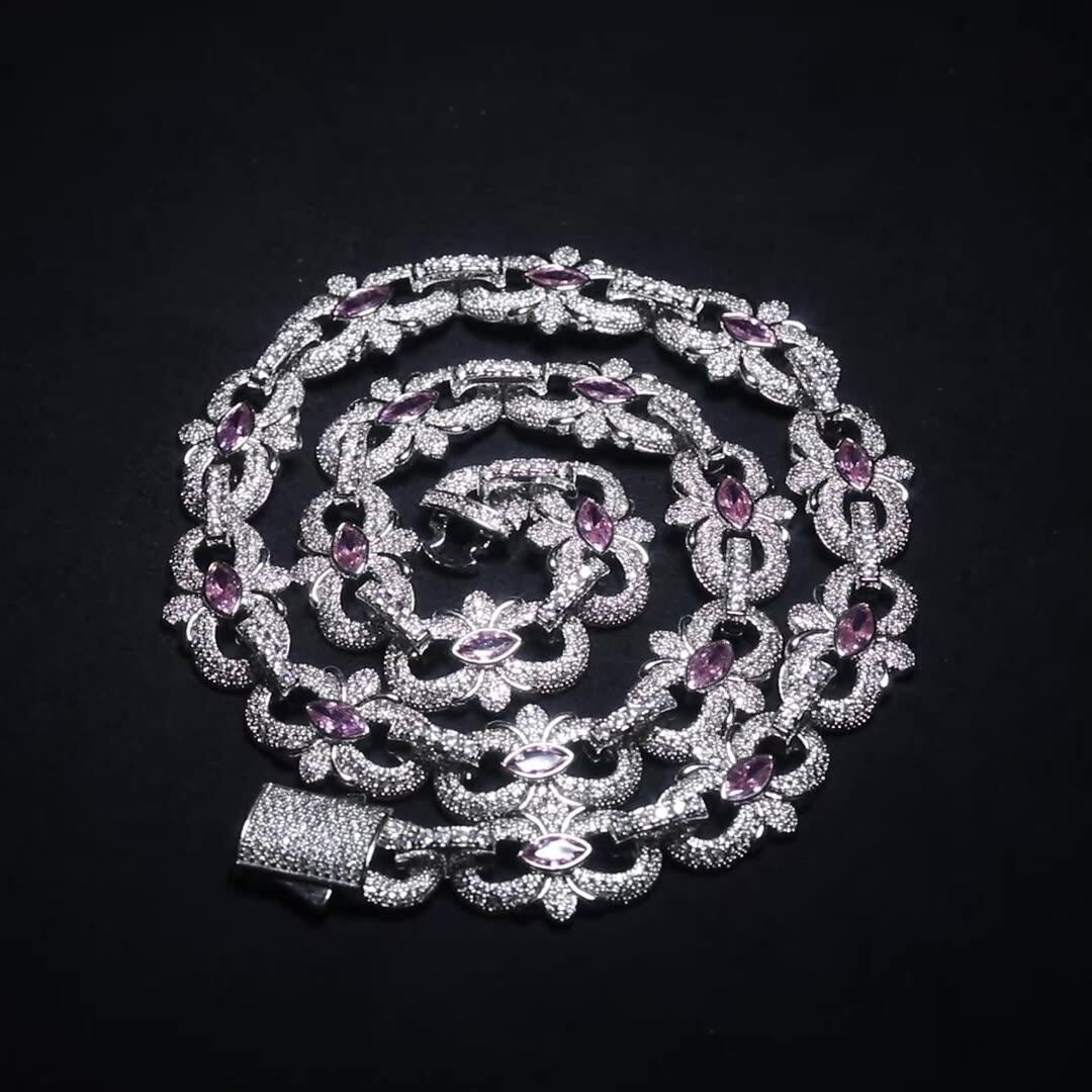 16mm Moissanite "Horseshoe Flower" Cuban Link Chain