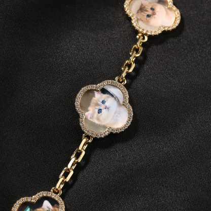 Moissanite Custom Lucky Four-Leaf Photo Clover Bracelet 