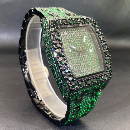Green Moissanite and Full Rhinestone Barrel-Shaped Watch