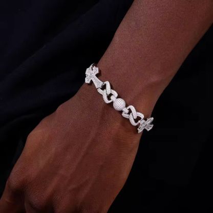 Iced Out Moissanite Cross & Round Ball Bracelet