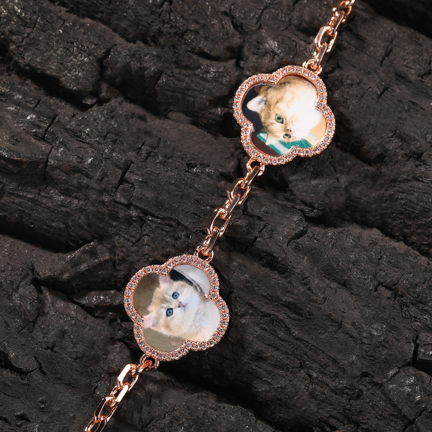 Moissanite Custom Lucky Four-Leaf Photo Clover Bracelet 