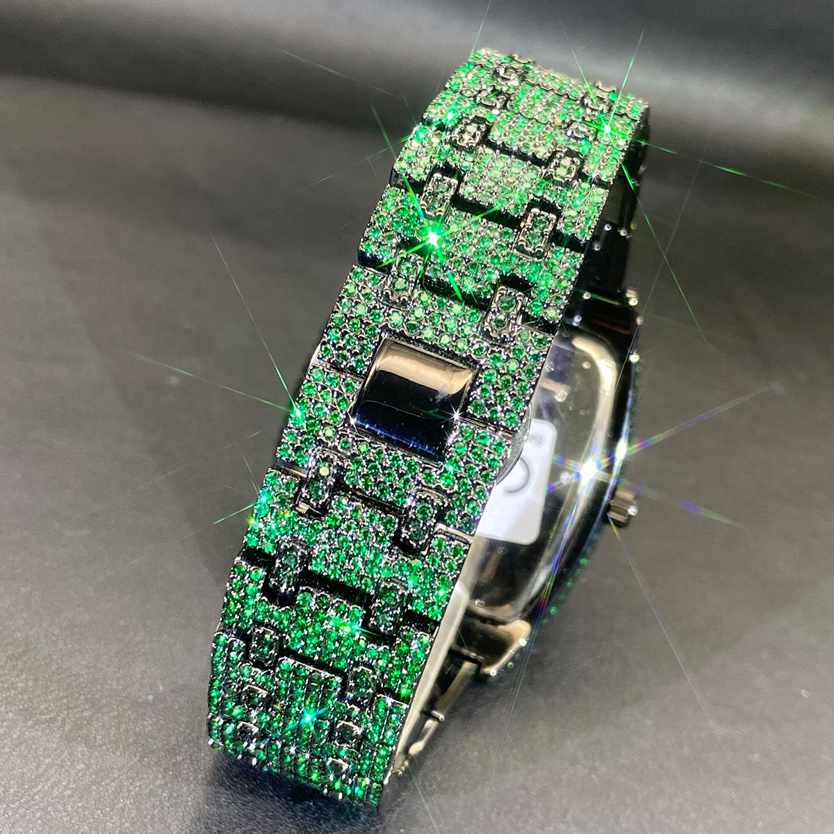 Green Moissanite and Full Rhinestone Barrel-Shaped Watch