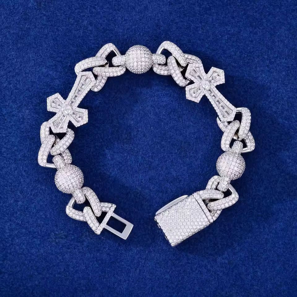 Iced Out Moissanite Cross & Round Ball Bracelet