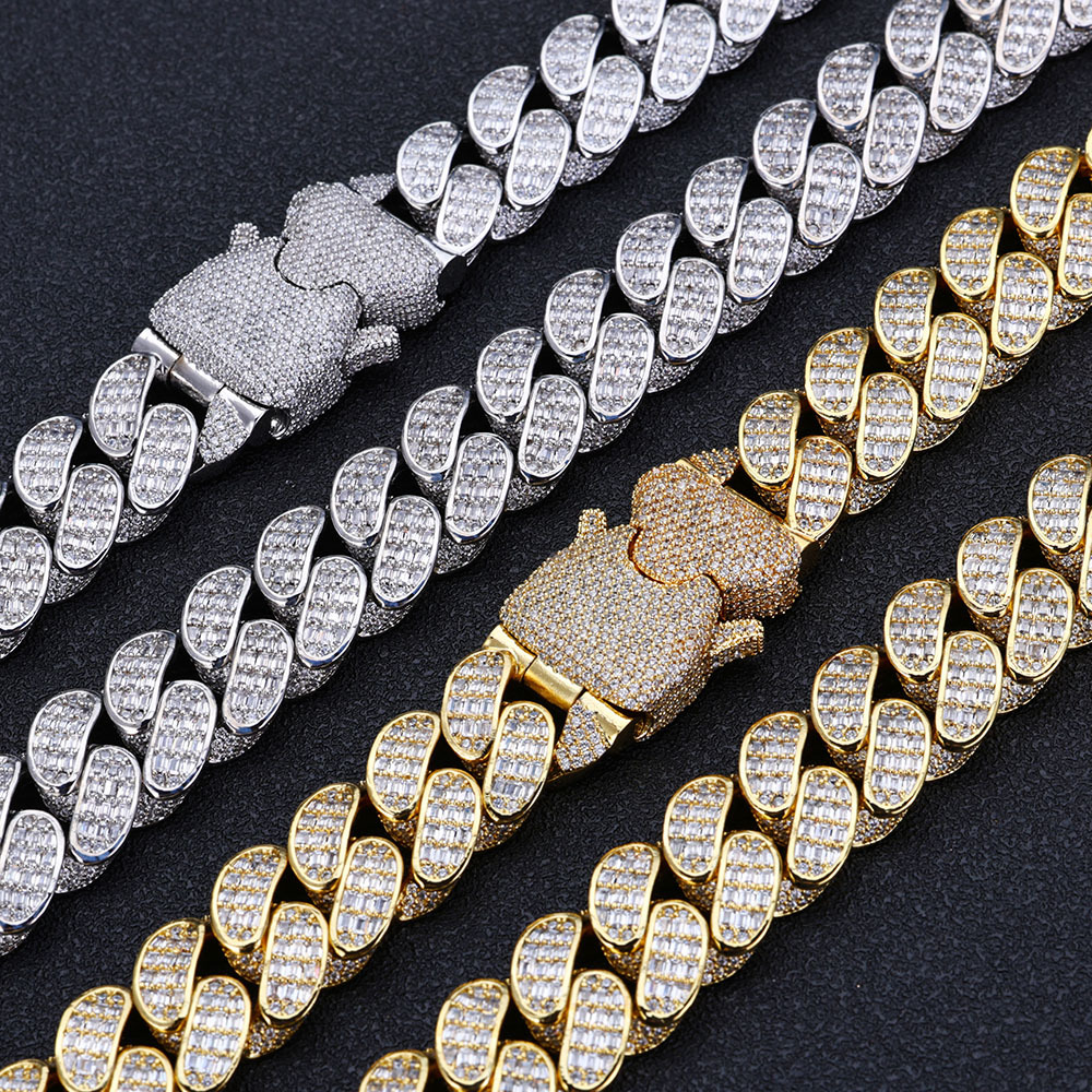 18mm S925 Moissanite Three-Row Baguette Cuban Chain