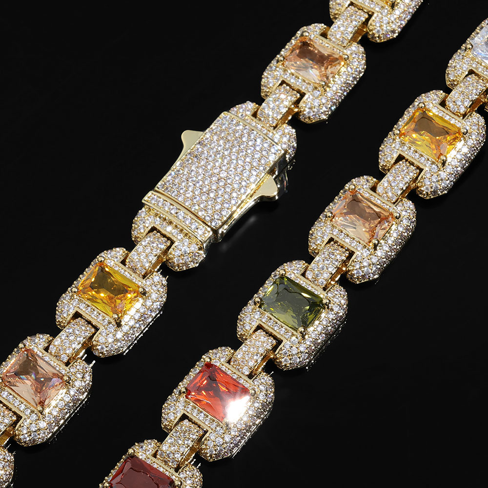 12mm S925 Moissanite Colored Gemstones Cuban Chain Necklace/Bracelet
