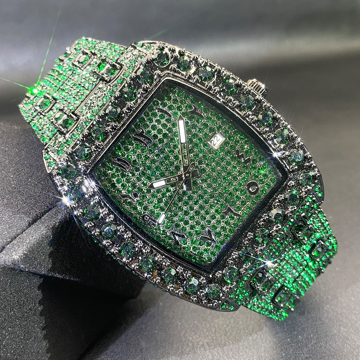 Green Moissanite and Full Rhinestone Barrel-Shaped Watch