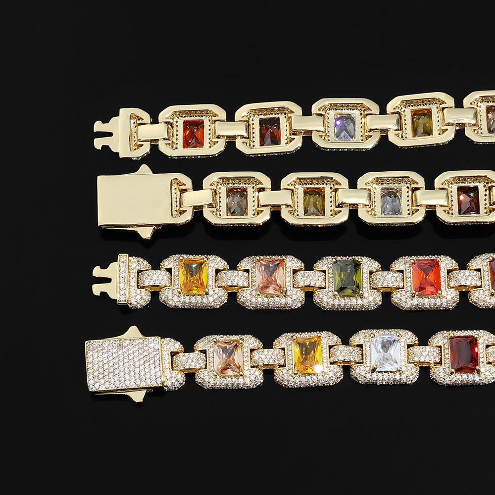 12mm S925 Moissanite Colored Gemstones Cuban Chain Necklace/Bracelet