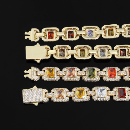 12mm S925 Moissanite Colored Gemstones Cuban Chain Necklace/Bracelet