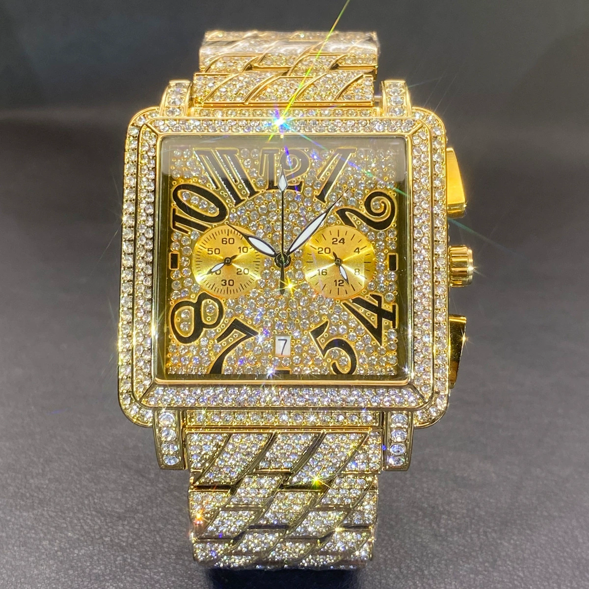 Moissanite watch with a square case stylized numerals.