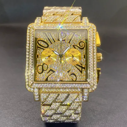 Moissanite watch with a square case stylized numerals.