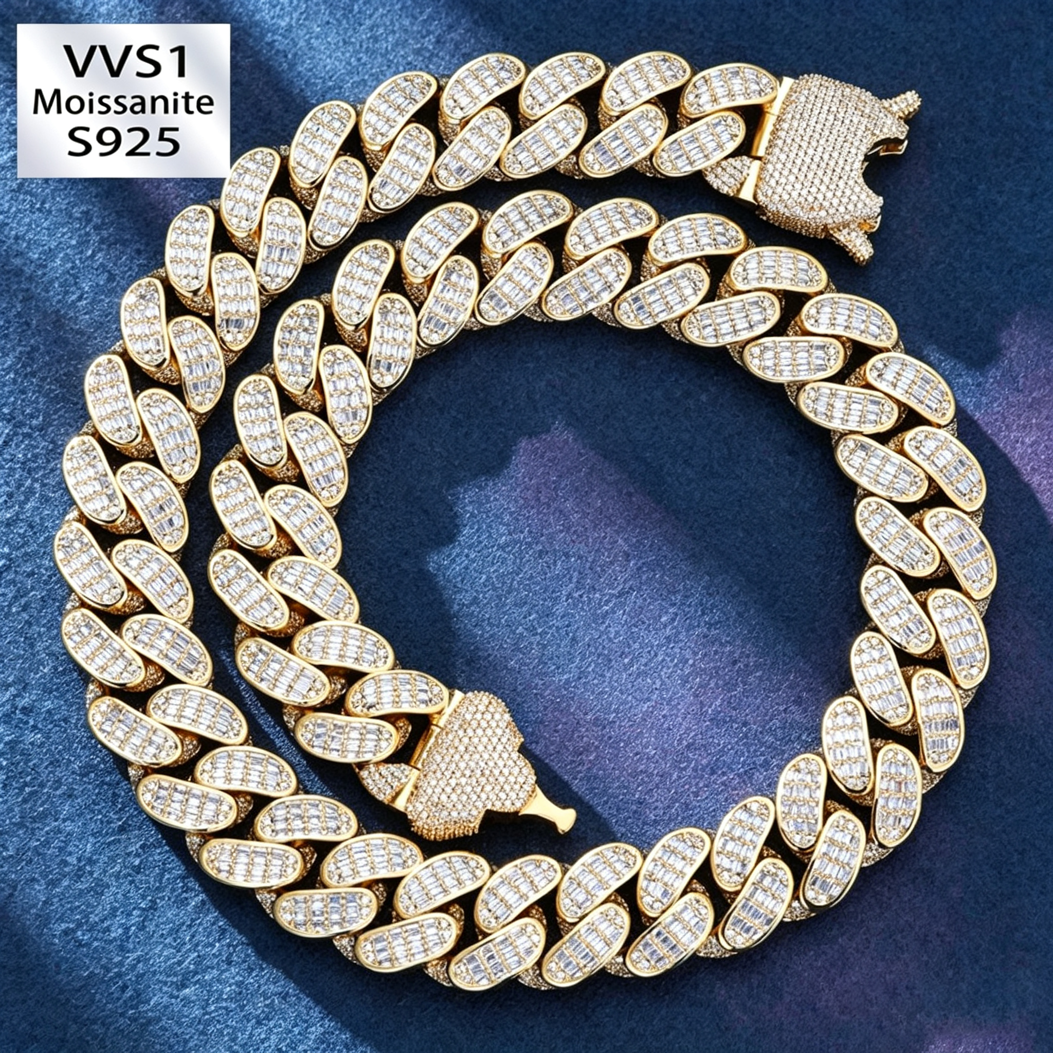 18mm S925 Moissanite Three-Row Baguette Cuban Chain