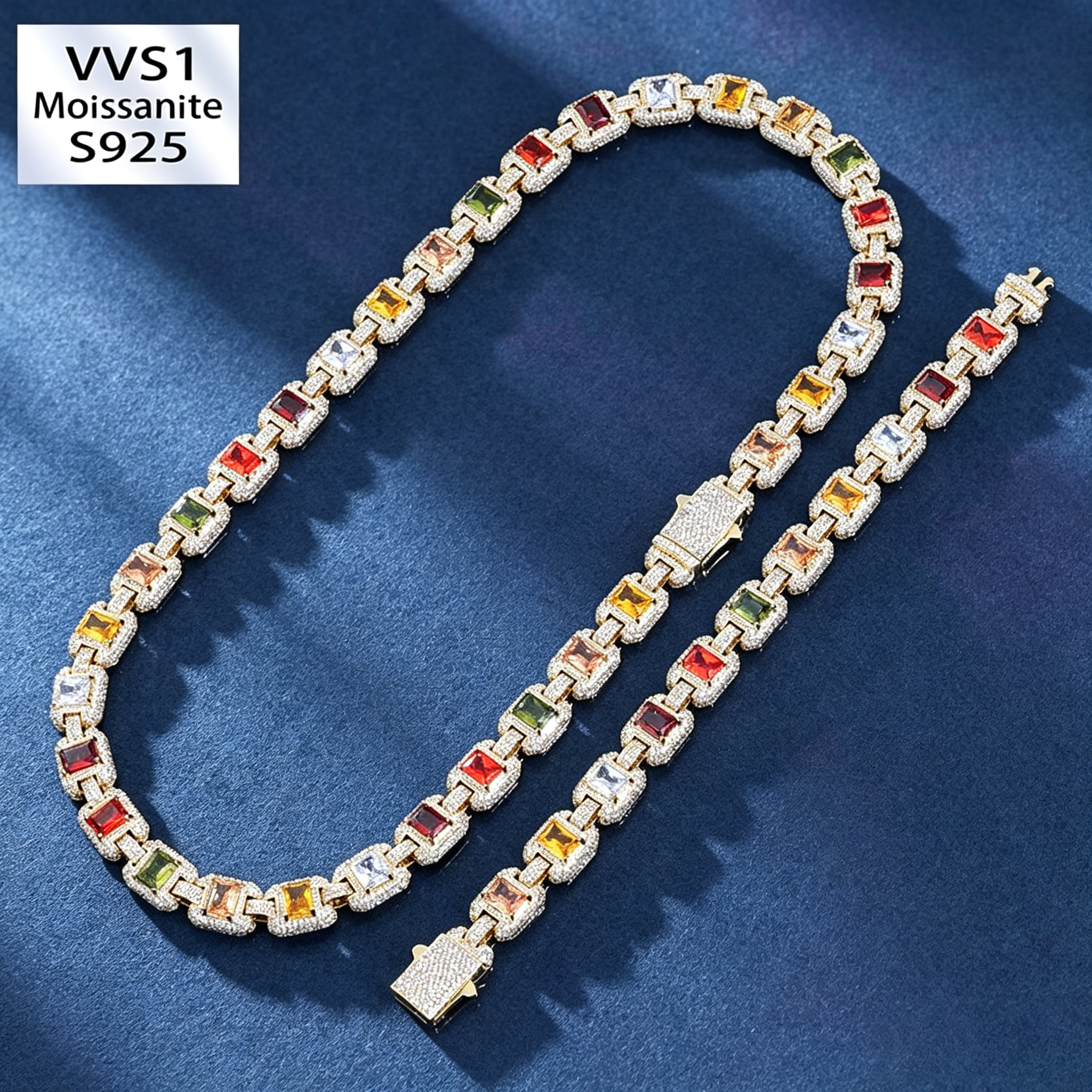 12mm S925 Moissanite Colored Gemstones Cuban Chain Necklace/Bracelet