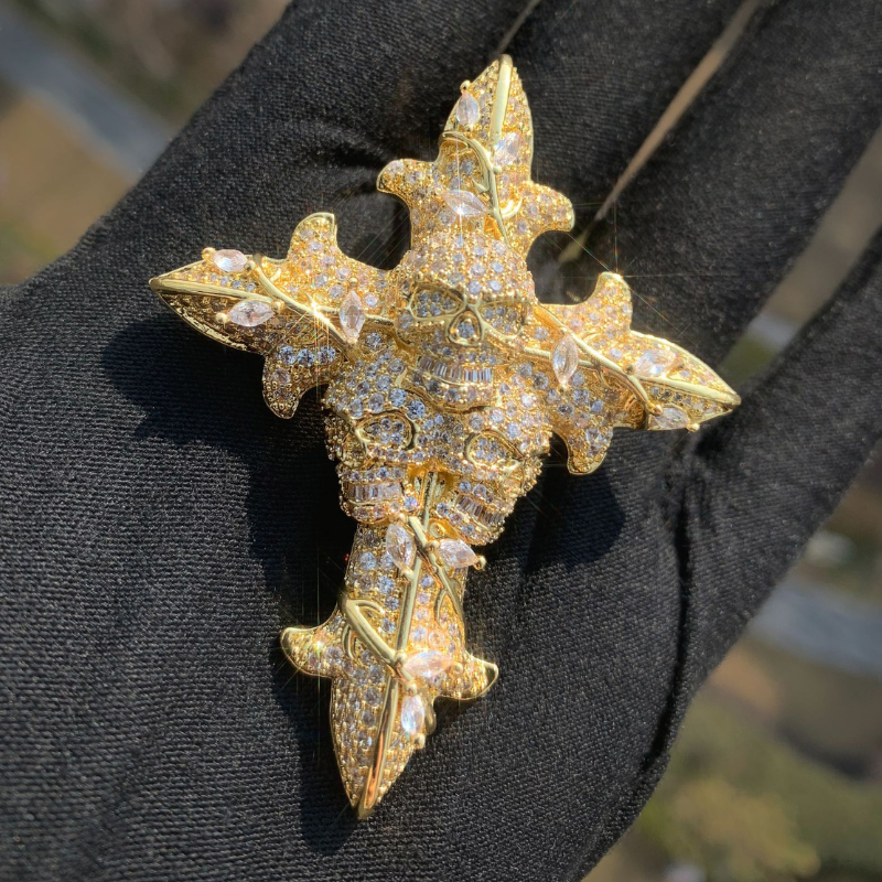 Moissanite Hip Hop Skull Rose Cross Pendant