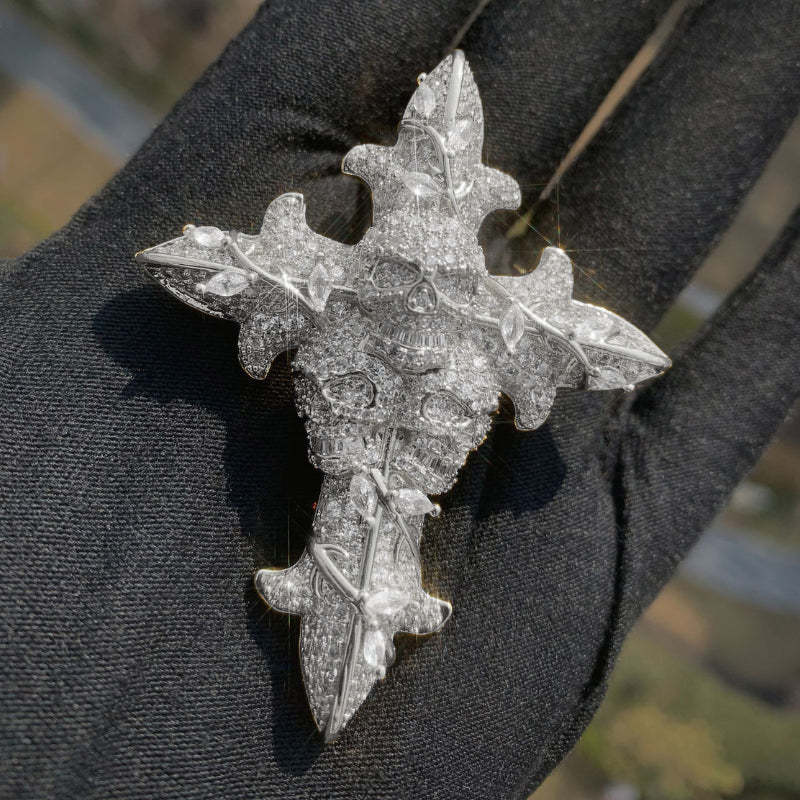 Moissanite Hip Hop Skull Rose Cross Pendant