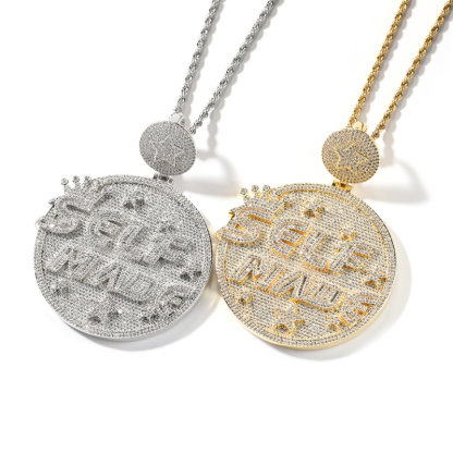Moissanite Personality Hip Hop "SELF MANG" Letter Large Disc Pendant