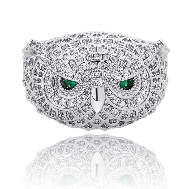 18K Gold Plated Moissanite Owl with Jewel Hip Hop Ring