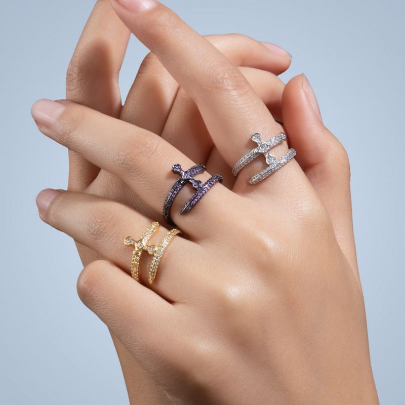 Iced Moissanite Sword Open Ring - Purple/White