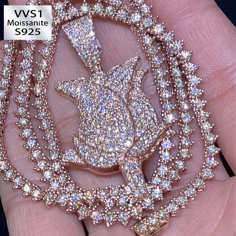 Rose 4mm Three Prong Moissanite Tennis Chain Pendant Set