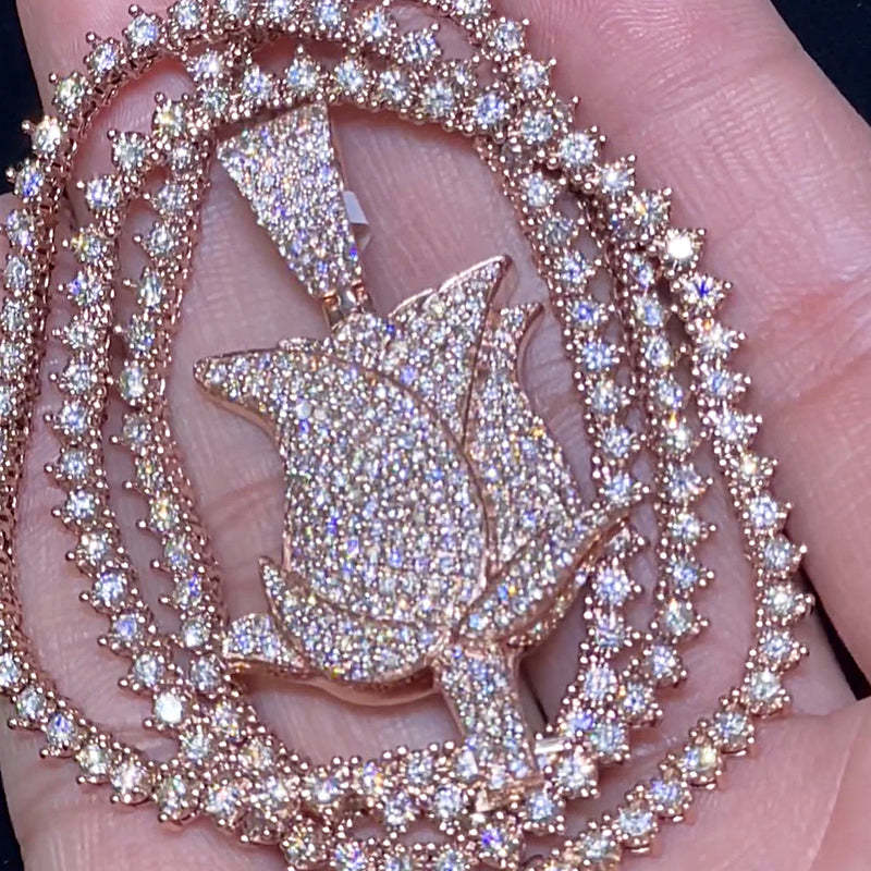 Rose 4mm Three Prong Moissanite Tennis Chain Pendant Set