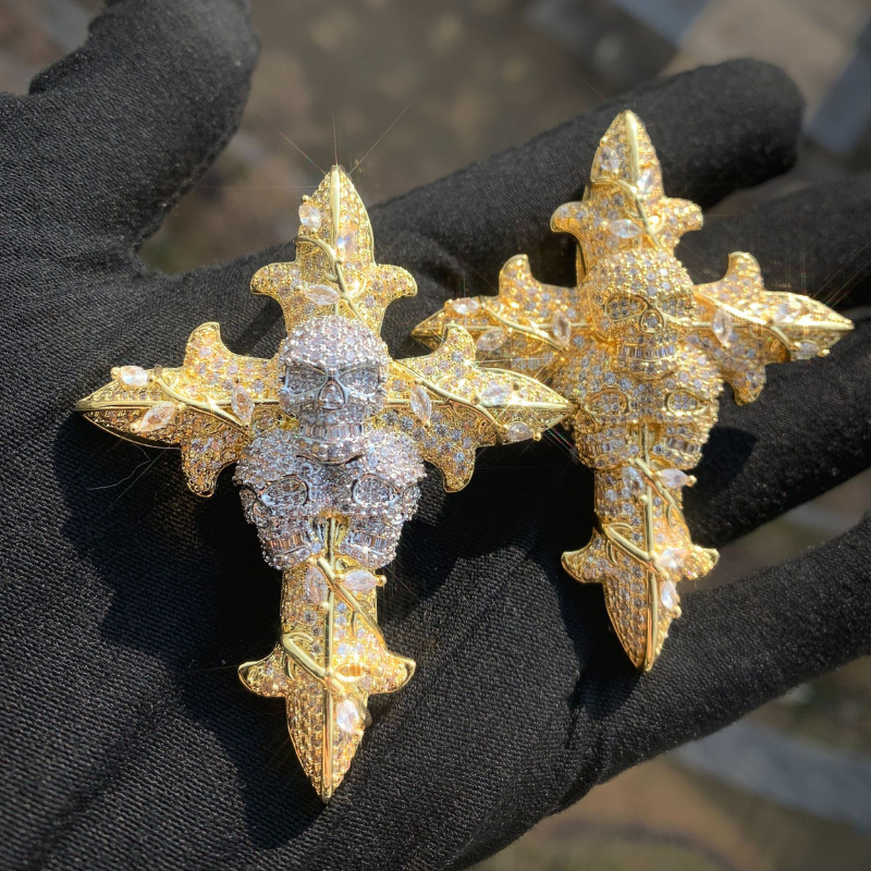 Moissanite Hip Hop Skull Rose Cross Pendant