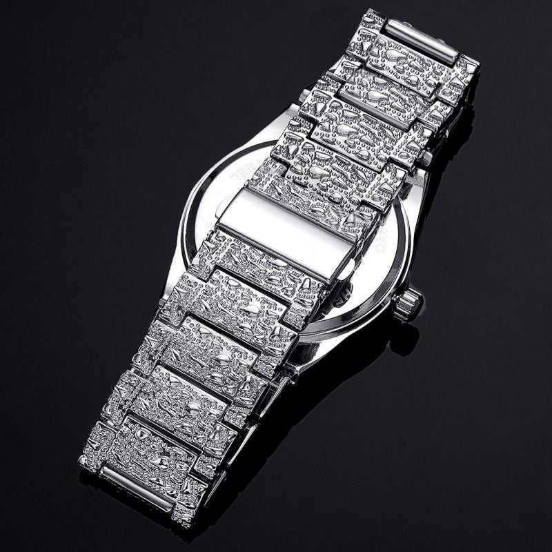 Iced Nugget Style Roman Numerals Watch in White Gold