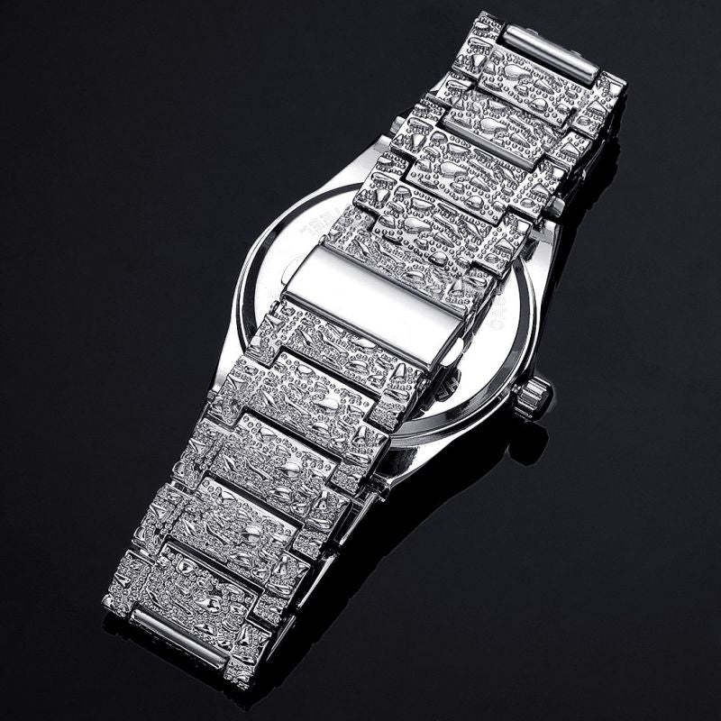 Iced Nugget Style Roman Numerals Watch in White Gold